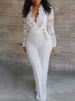 Women's sexy deep v white see-through lace splicing jumpsuit _desvips.com