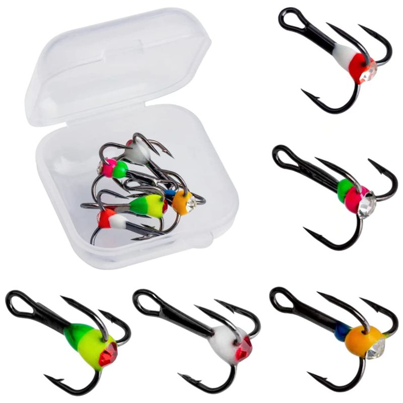5PCS 8#10# 12# 14# Winter Three-jaw Hook Ice Fishing Hooks Carbon Steel Durable Sinking Bait Tackle Tools With Plastic Case Tool_desvips.com