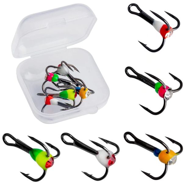 5PCS 8#10# 12# 14# Winter Three-jaw Hook Ice Fishing Hooks Carbon Steel Durable Sinking Bait Tackle Tools With Plastic Case Tool_desvips.com