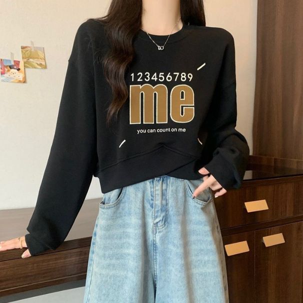 American Letter Printed Round Neck Pullover Hoodie For Women In Spring And Autumn, Short Cross Loose, Small, Long_desvips.com