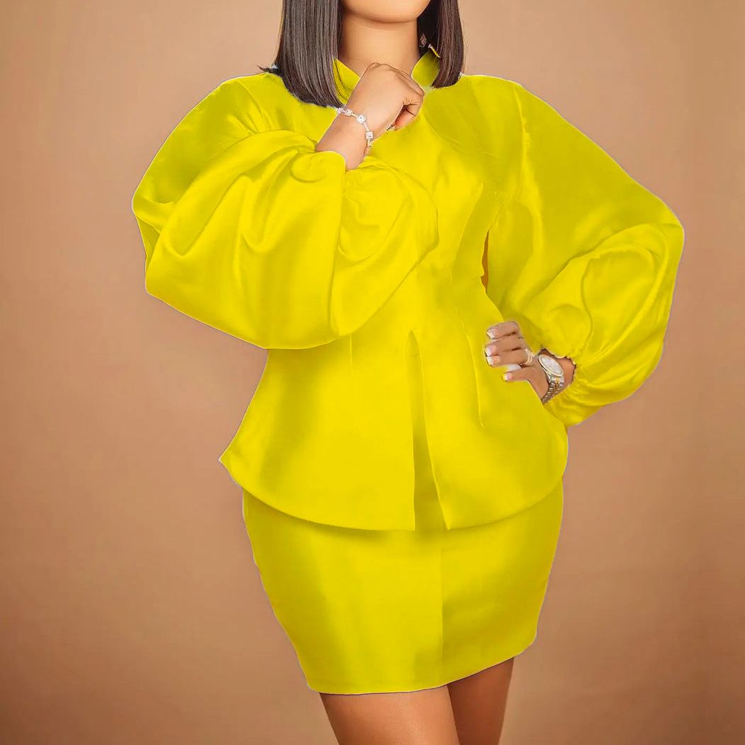 Women's Clothing Temperament Commuter Puff Sleeve Top Hip Skirt Suit_desvips.com