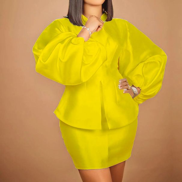 Women's Clothing Temperament Commuter Puff Sleeve Top Hip Skirt Suit_desvips.com