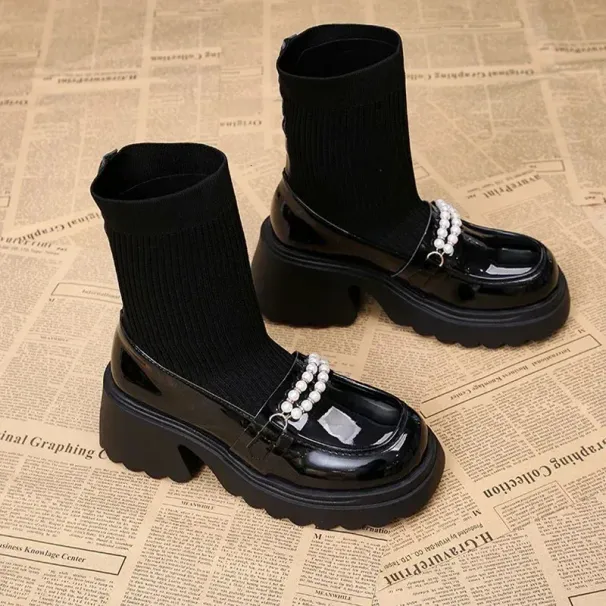Platform Knitted Womens Snow Boots High Heels Beaded Leather Ankle Shoes 2025 Trend Winter Pump Wearing Socks Botas_desvips.com