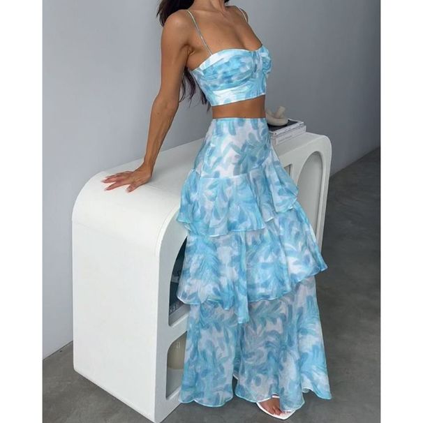 Women's clothing new suspender chest wrap printed sleeves backless tops slit two piece set_desvips.com