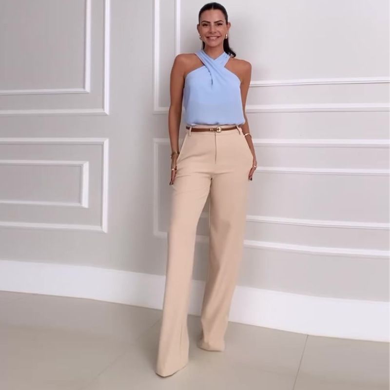Women's Clothing cross-neck short top wide-leg trousers casual two-piece suit_desvips.com
