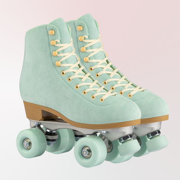 Adult double-row skates Green roller skates Metal stand Roller skates four-wheel skates_desvips.com