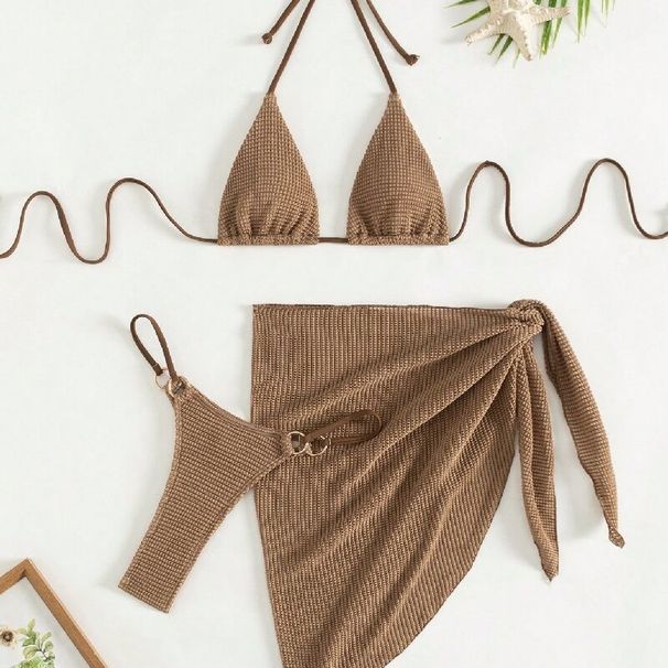 Sexy Brown Bik Set 2025 Women Halter Push Bra Skirt 3 Piece Swimsuit Summer Bathing Suit Cover Up Thong Swimwear_desvips.com