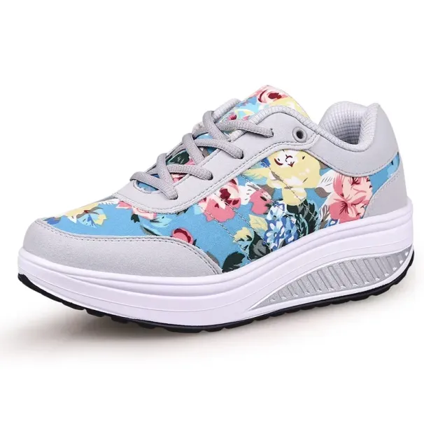 Women Breathable Toning Flower Printed Comfortable Thick Soles Swing Shoes Platform Wedge Slimming Sneakers_desvips.com