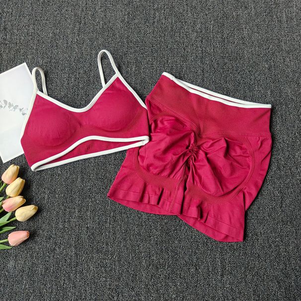 Peach Buttock Yoga Suit Women Gym Seamless Suspender Gathering Bra High Waist Hip Lifting Belly Tightening Shorts_desvips.com