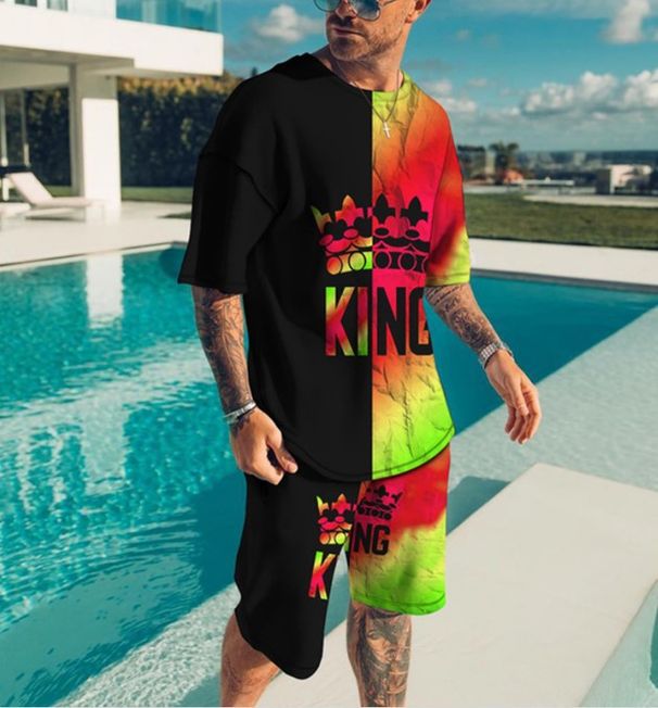 Men's Clothing shorts loose casual short-sleeved suit color matching KING printed T-shirt_desvips.com