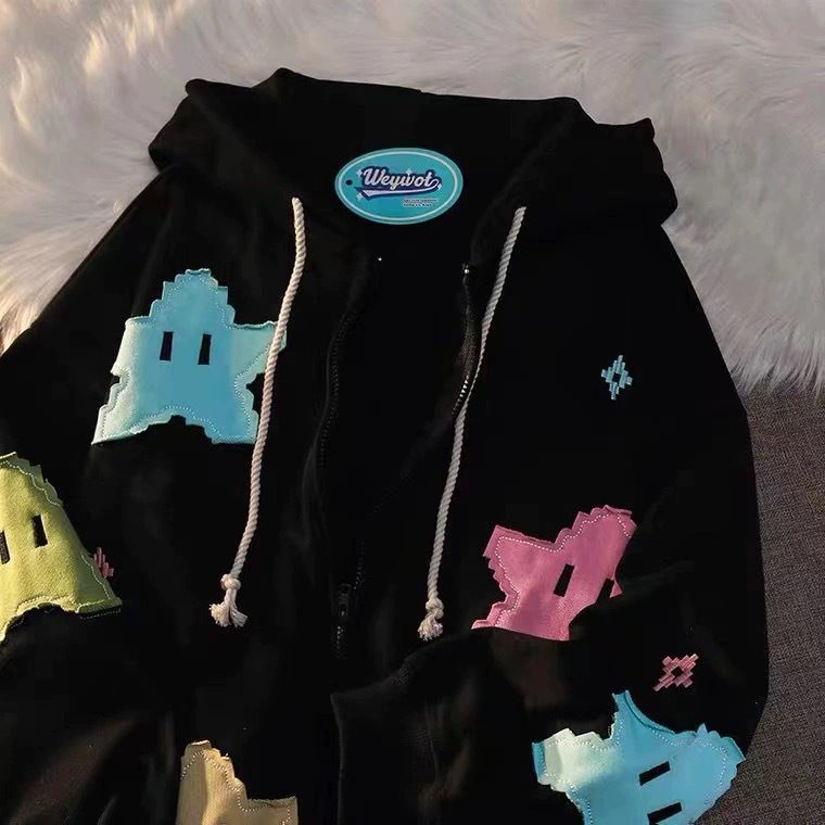 Kuromi Cartoon Hooded Girl Patchwork Sweatshirt Cardigan Jacket New Arrival_desvips.com