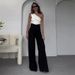 Women's Clothing fashion solid color oblique collar slim fit top high waist wide leg pants suit_desvips.com
