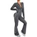 Frosted Color-Block Zipper Stand Collar Yoga For Women Outdoor Running Sports Hip-Lifting Jumpsuit Flared Pants_desvips.com