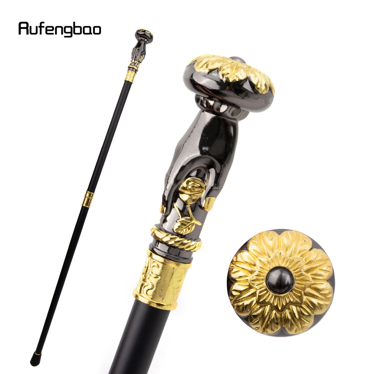 Golden Black Hand Hold Flower Luxury Fashion Walking Stick For Party Decorative Cane Elegant Crosier Knob Walking Stick 93cm_desvips.com