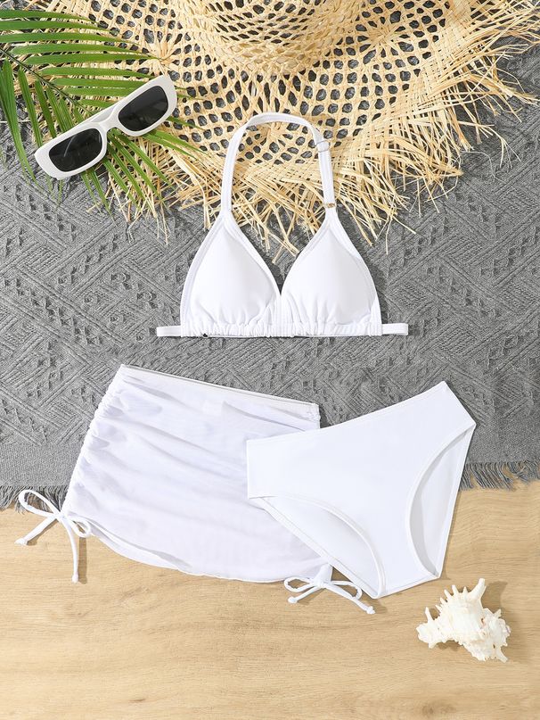 2026 New Foreign Trade Model Chi's Bikini Swimsuit Solid Color Girls' Three-Piece Set With Chest Pads For Older_desvips.com
