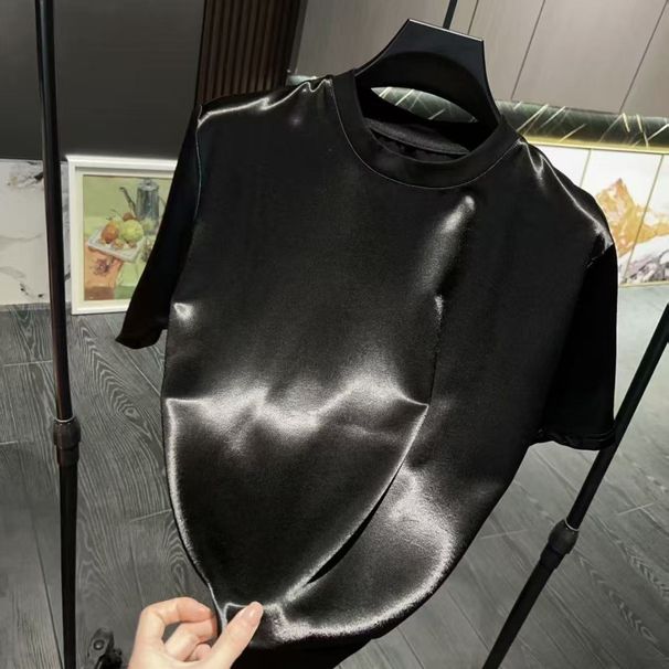 Shiny Satin T-Shirt, Short Sleeve Basic Top, Breathable Silky Fabric, Ideal For Casual, Business Casual & Evening Wear_desvips.com