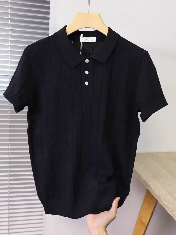 Men's Clothing Polo Shirt Men's Short Sleeved Lapel Hollow Knit Sweater Half Sleeved T Shirt Solid Color Thin Top_desvips.com