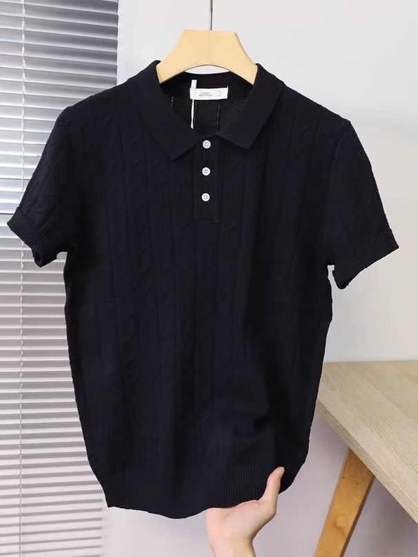 Men's Clothing Polo Shirt Men's Short Sleeved Lapel Hollow Knit Sweater Half Sleeved T Shirt Solid Color Thin Top_desvips.com