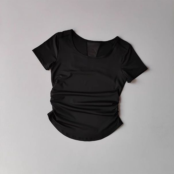 Women's Summer Breathable Mesh Splicing Yoga Sports Top Short Sleeve Pleated Waist Cinching Fitness T-Shirt For Active_desvips.com