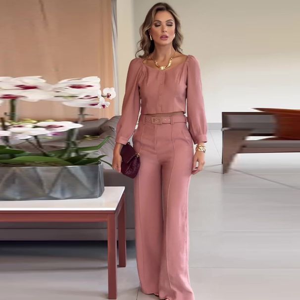Women's Clothing summer new solid color retro square collar short top temperament commuter trousers suit_desvips.com