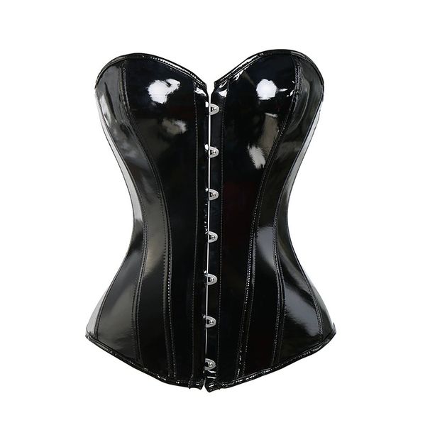 Black PVC Vinyl Corset Women Sexy Overbust Bustiers Top Shiny Leather Lingerie Steampunk Corselet Lace Up Korsett_desvips.com