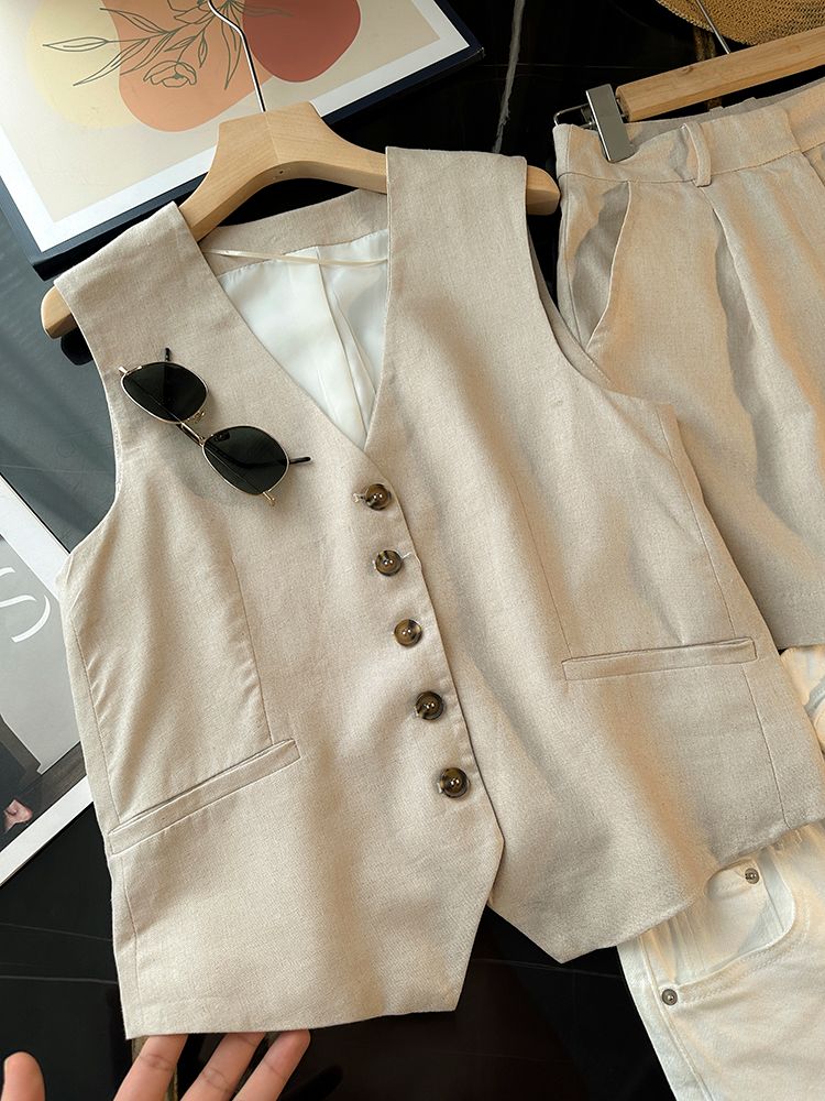 Women's Clothing Retro temperament V neck linen blended sleeveless vest vest high waist casual shorts _desvips.com