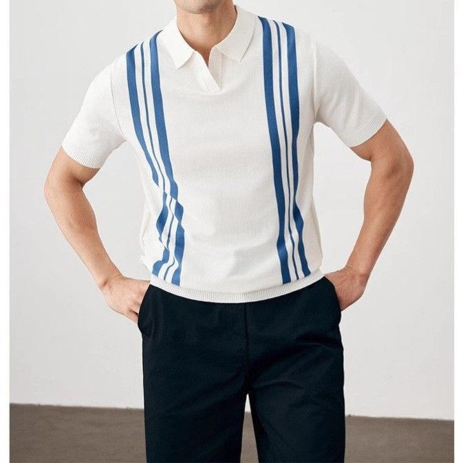 Contrast Color Short Sleeved Polo Shirt For Men In Summer, High End Slim Fit, Business Casual, Ice Silk Half Sleeved Knitted Lapel T Shirt_desvips.com