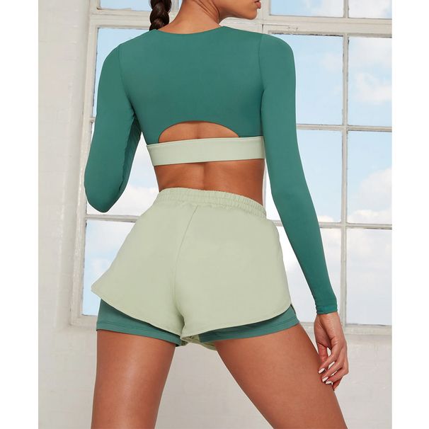 Long Sleeve Yoga Suit Stitching Contrast Color Fitness Sports Outdoor Running Two Piece Set For Women_desvips.com