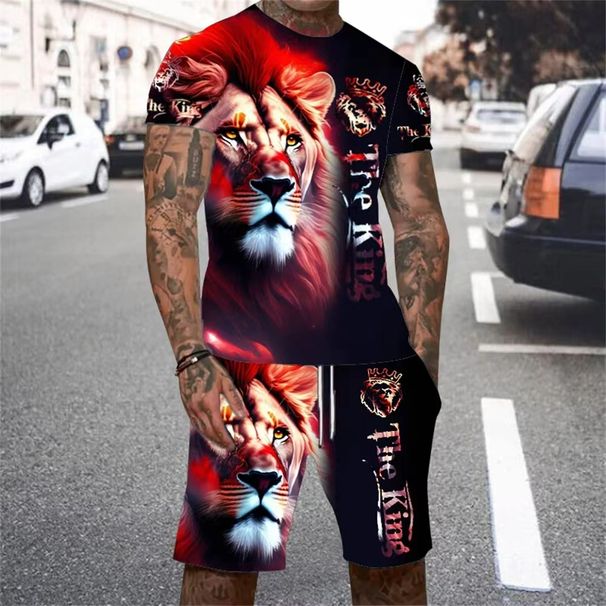 Summer Men's Tracksuit 2 Piece Outfits 3D Golden Lion Print Short Sleeve T-Shirt Shorts Jogging Sets Outdoor Street Men_desvips.com