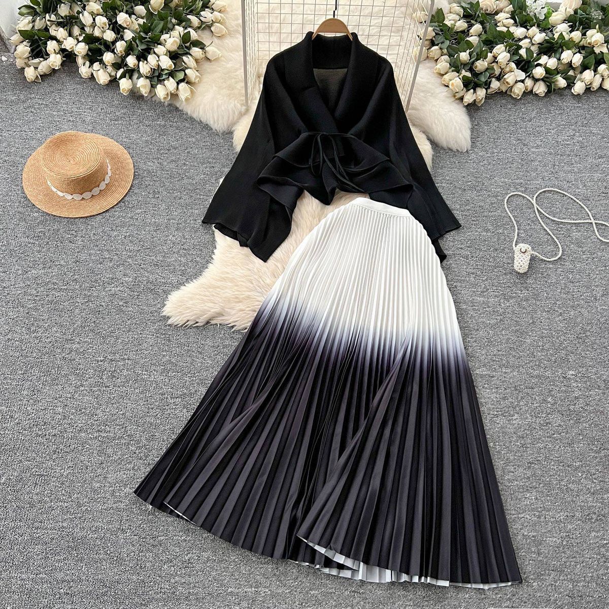 Ruffled Butterfly Sleeve Gradient Tie Cape Short Coat Top + Gradient Pleated Skirt Two-piece Suit_desvips.com