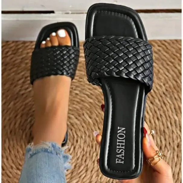 New Women's Summer Selling Sexy Braided Red Square Toe Flat Flip-Flops Fashion Beach Mules Casual Indoor Home Slippers_desvips.com