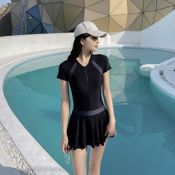2025 Color-Block One-Piece For Women Spring Conservative Short-Sleeve Skirt Style Swimwear Tummy Covering Patchwork Sun_desvips.com