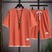 Waffle T-Shirt Trendy Men's Summer Fashion Loose Plus Size Thin Short Sleeve Shorts Sports Set_desvips.com