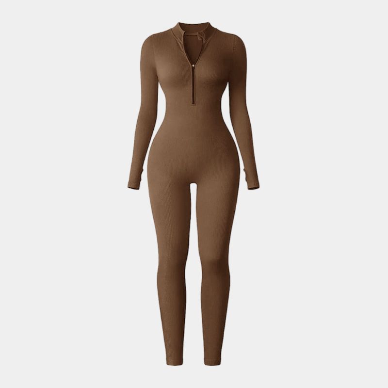 European Style Coarse Thread One-Piece Sports Yoga Suit For Women With Zipper, Stand Collar, Long Sleeves, Thumb Holes,_desvips.com