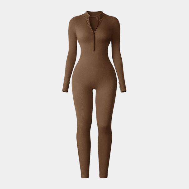 European Style Coarse Thread One-Piece Sports Yoga Suit For Women With Zipper, Stand Collar, Long Sleeves, Thumb Holes,_desvips.com