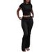 Hot Sale Casual Workout Women's Two Piece Set Round Neck T-shirt Low Waist Flare Pants Tracksuit Outfit_desvips.com