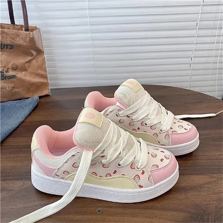 Strawberry Print Niche Low Top Korean Pink Sweet Sports Versatile Casual Womens Shoes 250402_desvips.com
