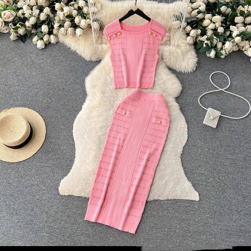 Women's Clothing sleeveless tops all match high waist skirt temperament lady style two piece suit_desvips.com