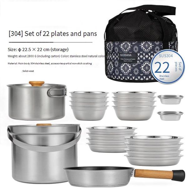 22-Piece 304 Stainless Steel Camping Cookware Set - Portable Outdoor Cooking Kit With Steamer Soup Pot & Frying Pan_desvips.com