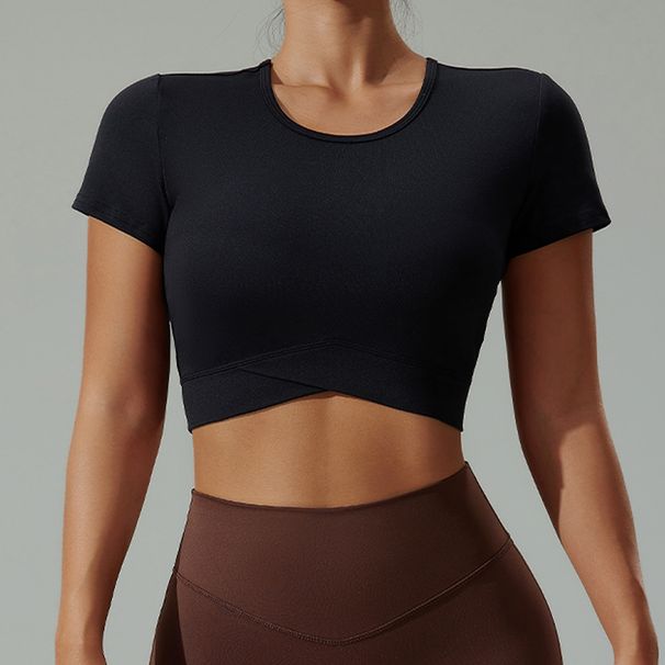New Round Neck Yoga Sexy Navel Tight Sports Short Sleeve Women Quick Dry Fitness Wear T-shirt_desvips.com