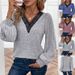 Women's Clothing Autumn and Winter New Solid Color Long Sleeve Lace V neck T shirt Women's Tops_desvips.com