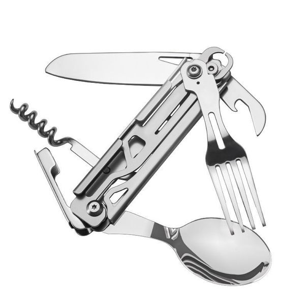 Multifunctional Cutlery Portable Stainless Steel Outdoor Folding Spoon Bottle Opener Detachable Knife Fork Set_desvips.com