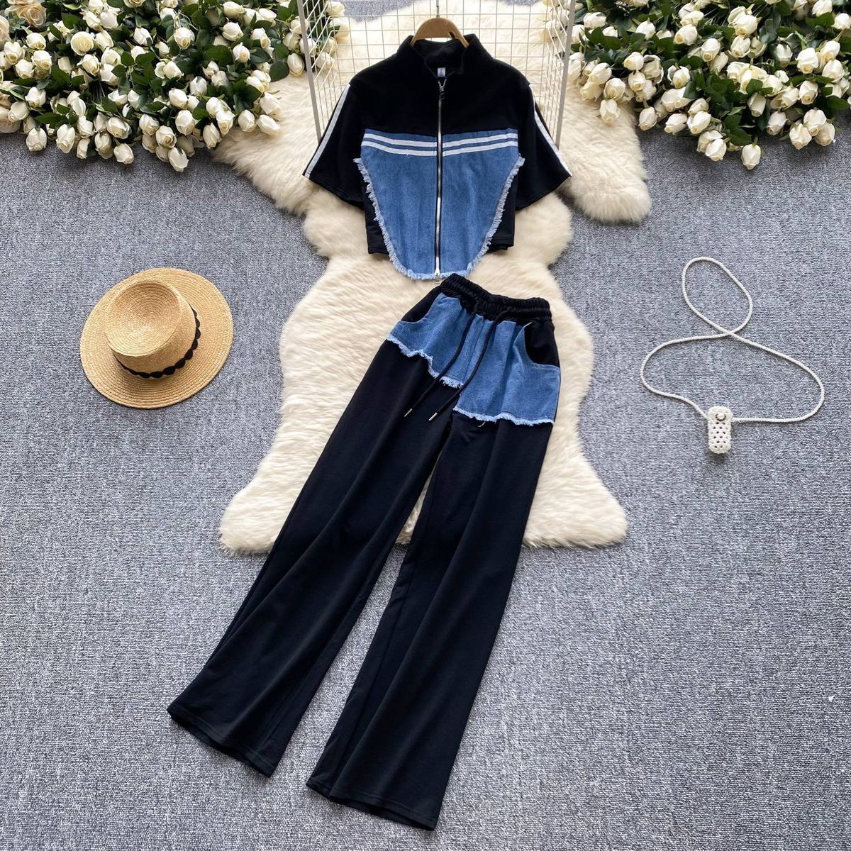 Women's Clothing denim patchwork distressed suit_desvips.com