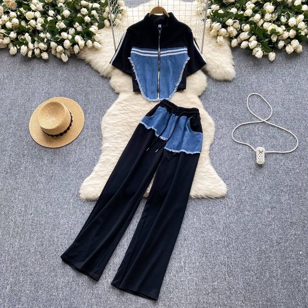 Women's Clothing denim patchwork distressed suit_desvips.com