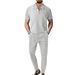 2025 Spring And Autumn New Men's Solid Color Suit Waffle Collar Short Sleeve Zipper Long Pants Set_desvips.com