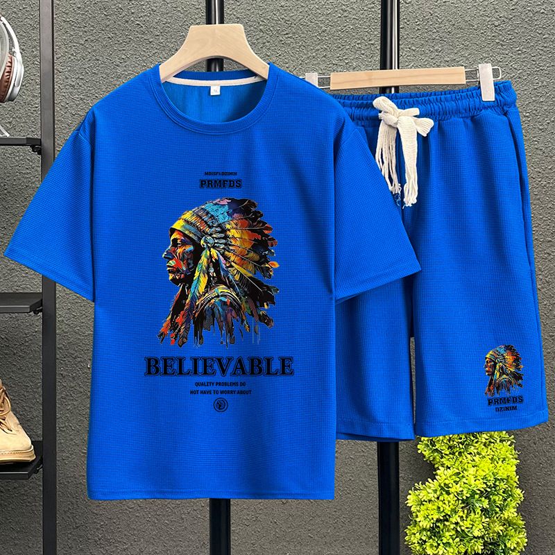 Men's Clothing waffle polo shirt short sleeved T shirt set summer loose clothes tops and pants suits for men_desvips.com