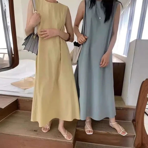 Korean Chic Summer Simple Elegant Loose Casual Mid-Length Sleeveless Slimming Yellow Dress For Women Trendy_desvips.com