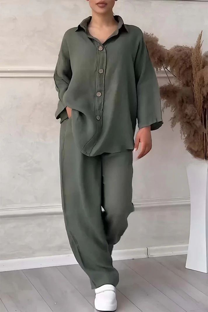 Women's Clothing 2 piece Set Large Size Cotton and Linen Shirt Set High Waist Loose Pants_desvips.com