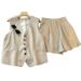 Women's Clothing Retro temperament V neck linen blended sleeveless vest vest high waist casual shorts _desvips.com