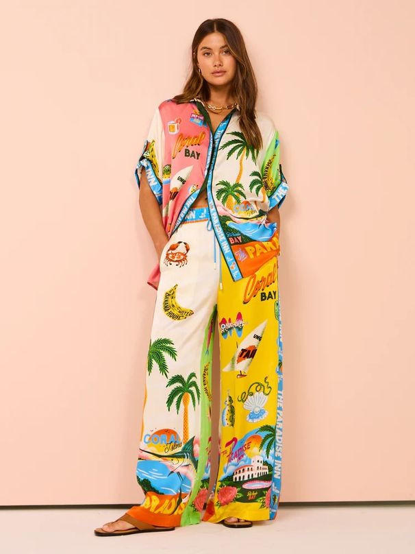 Women's clothing fashion personality printed short-sleeved color matching holiday leisure tether suit_desvips.com